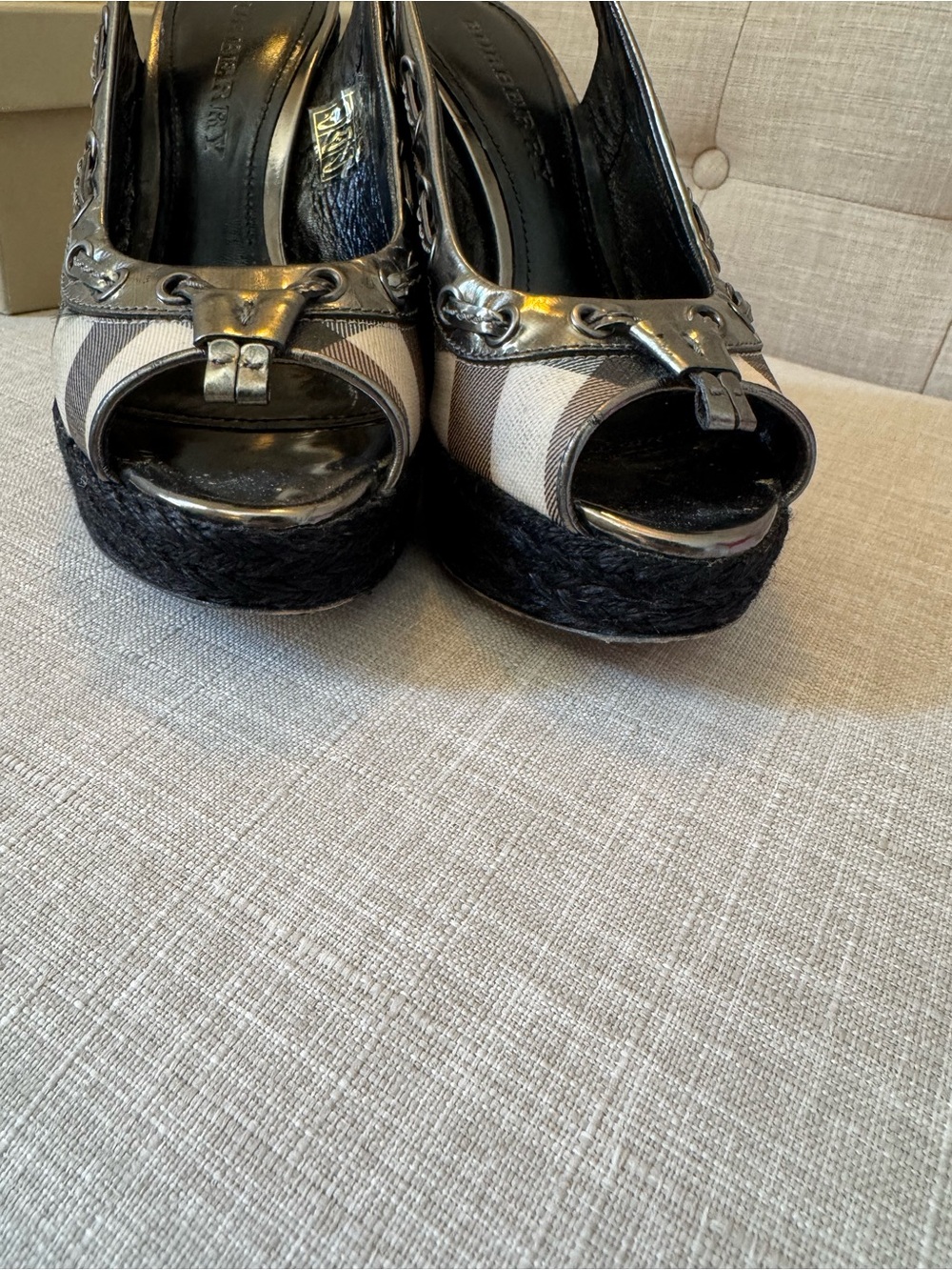 Burberry Nova Check Espadrille Wedge Slingback Heels with Metallic Trim/Tassles - Picture 9 of 9